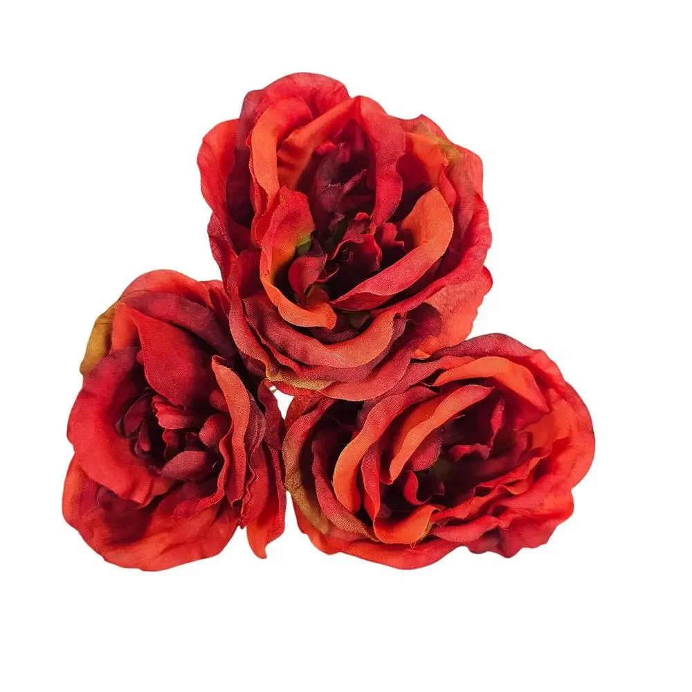 Artificial Large Red Orange Roses 16 Stems Faux Silk Fall Wedding Floral Lot